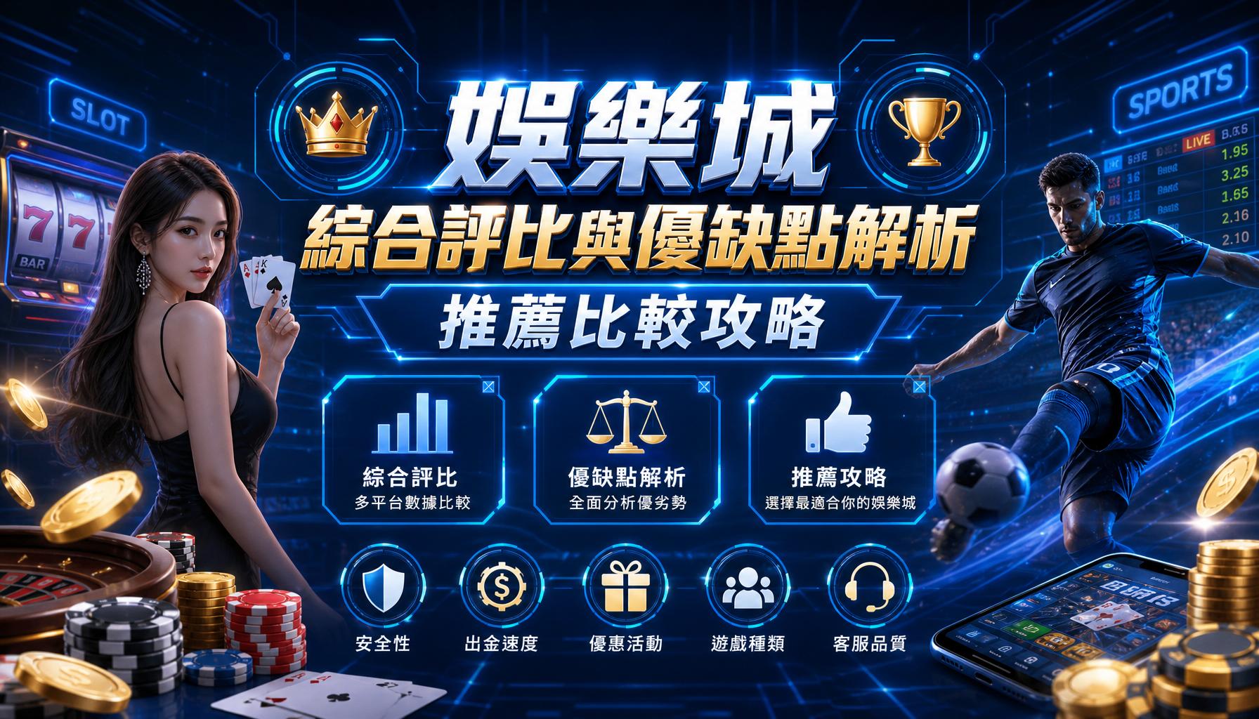 博彩娛樂城宣傳海報，中央有大字標題和皇冠與獎盃，左為女性持牌，右為男球員，周圍有硬幣與手機。