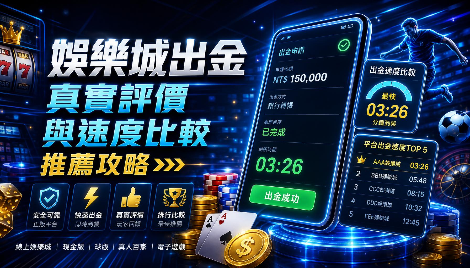 科技感賭城廣告，手機介面顯示出金申請與快速出金流程，周圍有硬幣與骰子。