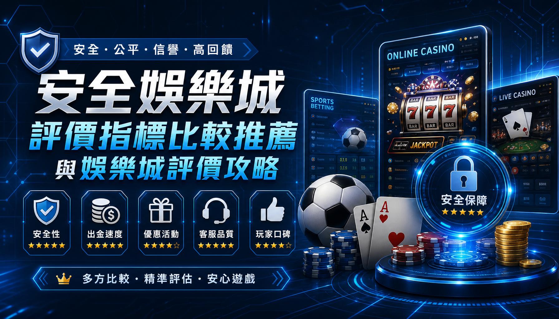 大型蓝色科技风格线上赌场广告，突出安全保障与信誉，包含老虎机、足球与牌面等游戏元素。常用作宣传横幅。